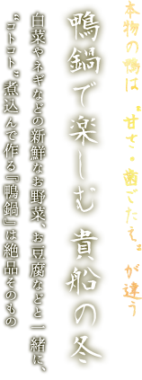 本物の鴨は“甘さ・歯ごたえ”が違う 鴨鍋で楽しむ 貴船の冬 白菜やネギなどの新鮮なお野菜、お豆腐などと一緒に、
“コトコト”煮込んで作る『鴨鍋』は絶品そのもの